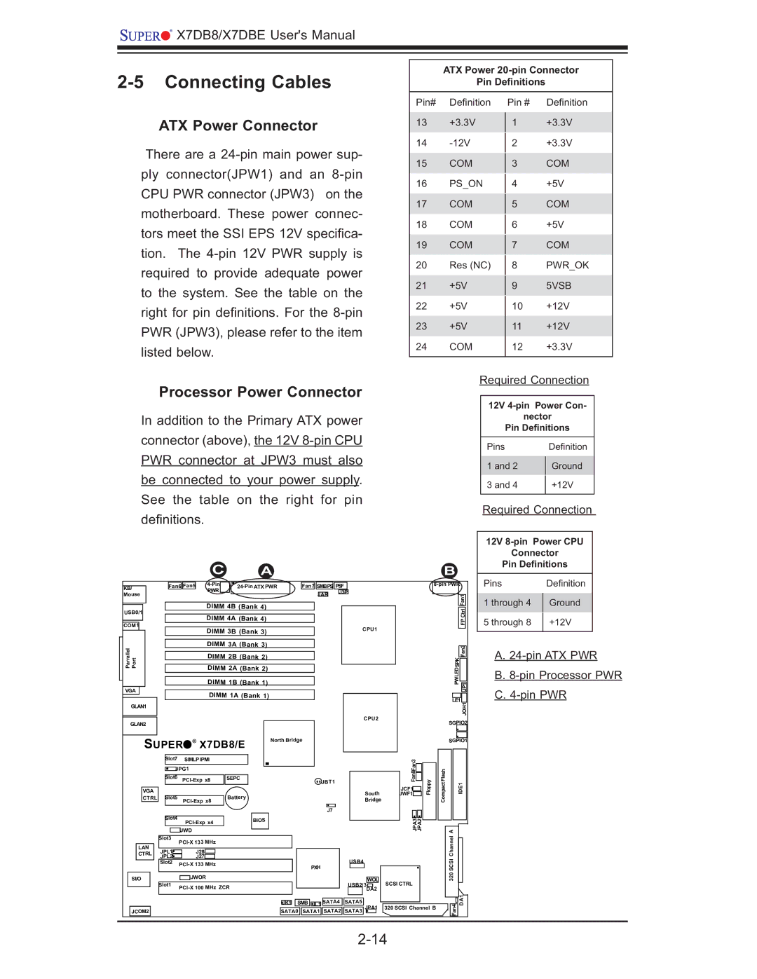 SUPER MICRO Computer X7DBE, X7DB8 user manual Connecting Cables, ATX Power Connector, Processor Power Connector 