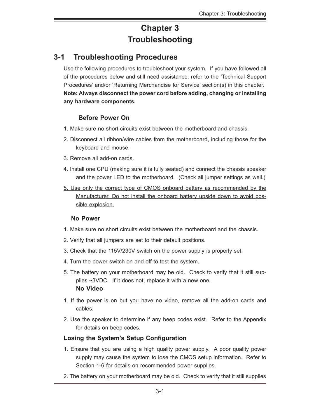 SUPER MICRO Computer X7DB8, X7DBE user manual Troubleshooting Procedures, Before Power On, No Power, No Video 