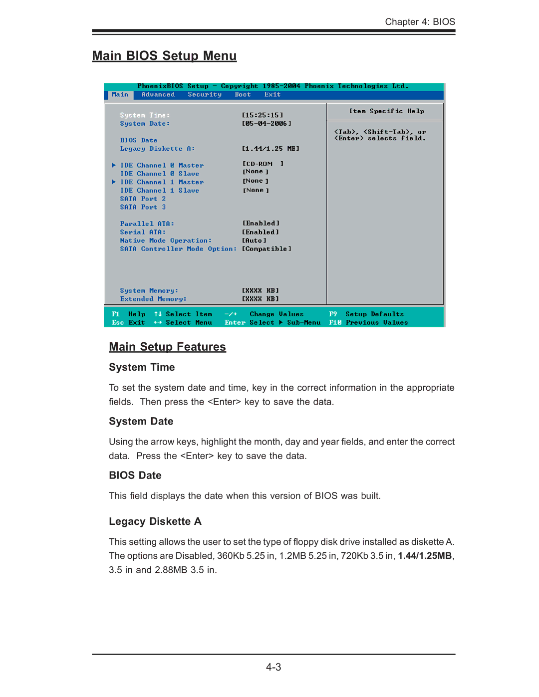 SUPER MICRO Computer X7DB8, X7DBE user manual Main Bios Setup Menu, Main Setup Features 