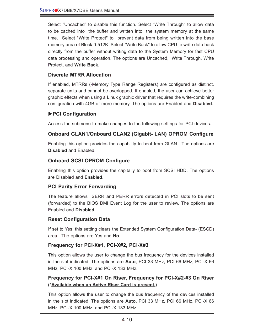 SUPER MICRO Computer X7DBE, X7DB8 user manual Discrete Mtrr Allocation, PCI Conﬁguration, Onboard Scsi Oprom Conﬁgure 