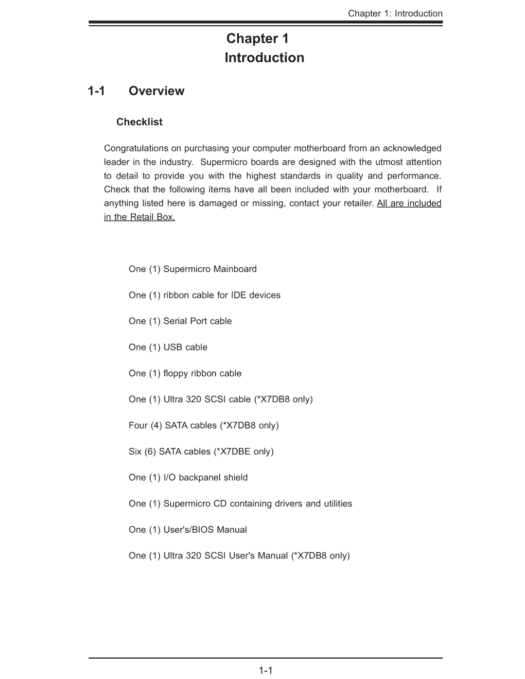 SUPER MICRO Computer X7DB8, X7DBE user manual Overview, Checklist 