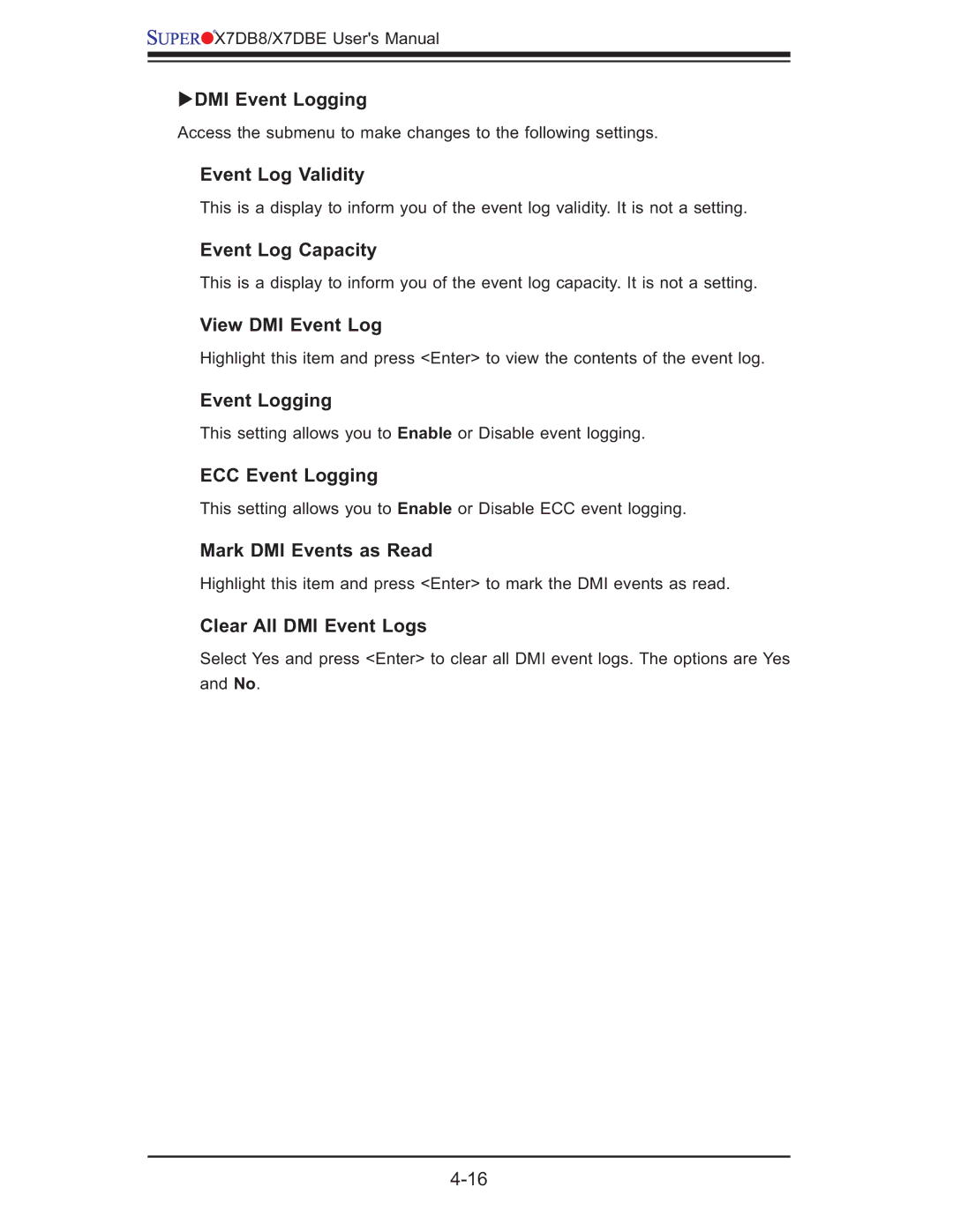 SUPER MICRO Computer X7DBE, X7DB8 user manual DMI Event Logging, Event Log Validity, Event Log Capacity, View DMI Event Log 