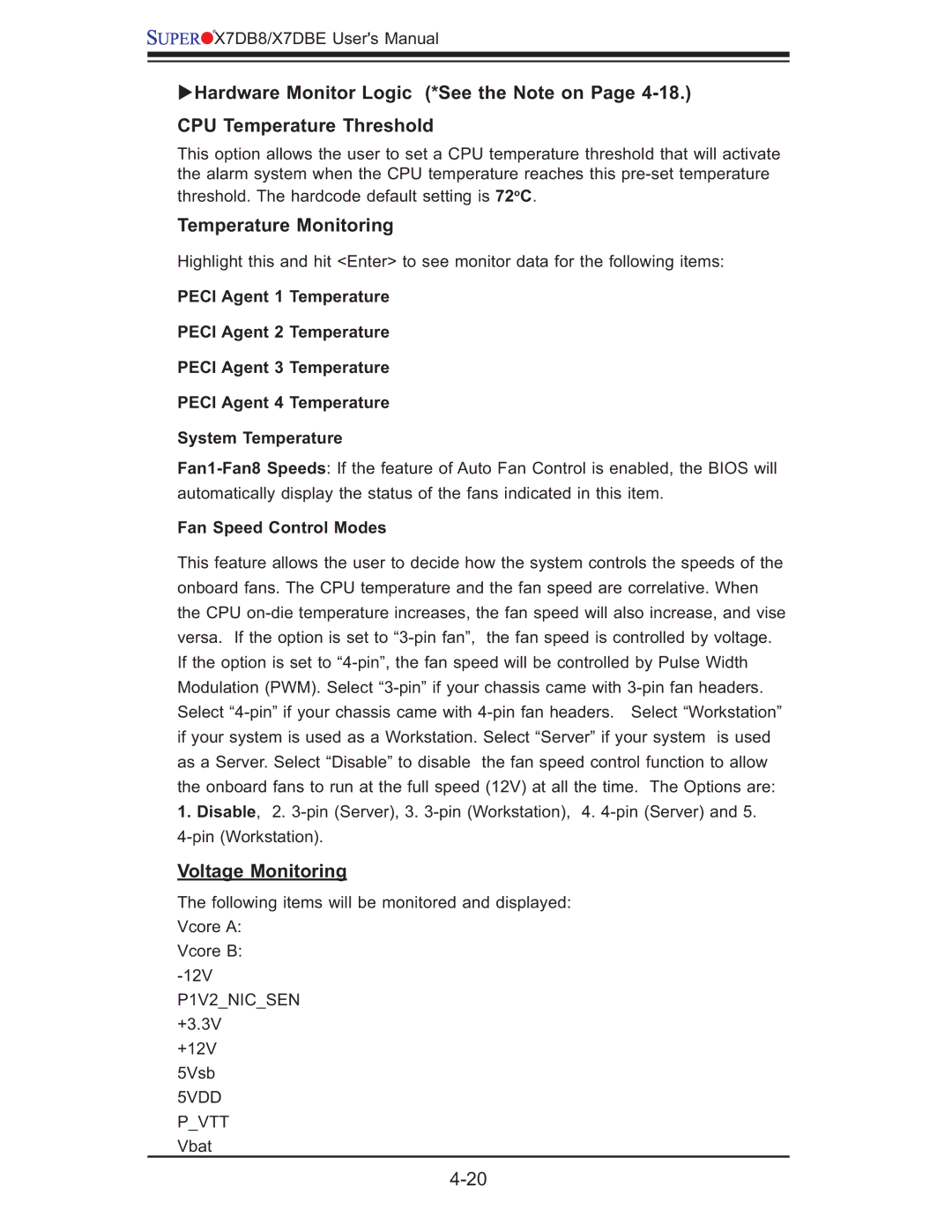 SUPER MICRO Computer X7DBE, X7DB8 user manual Temperature Monitoring 