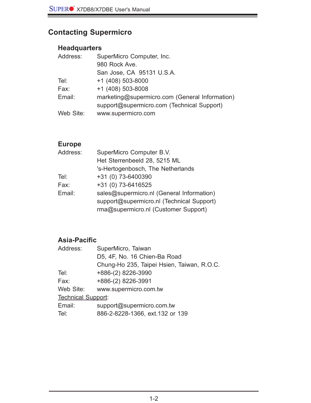 SUPER MICRO Computer X7DBE, X7DB8 user manual Contacting Supermicro, Headquarters, Europe, Asia-Paciﬁc 