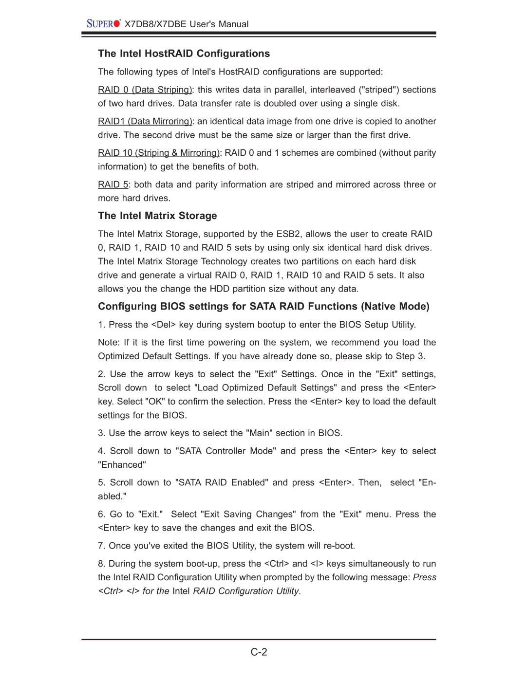 SUPER MICRO Computer X7DBE, X7DB8 user manual Intel HostRAID Conﬁgurations, Intel Matrix Storage 