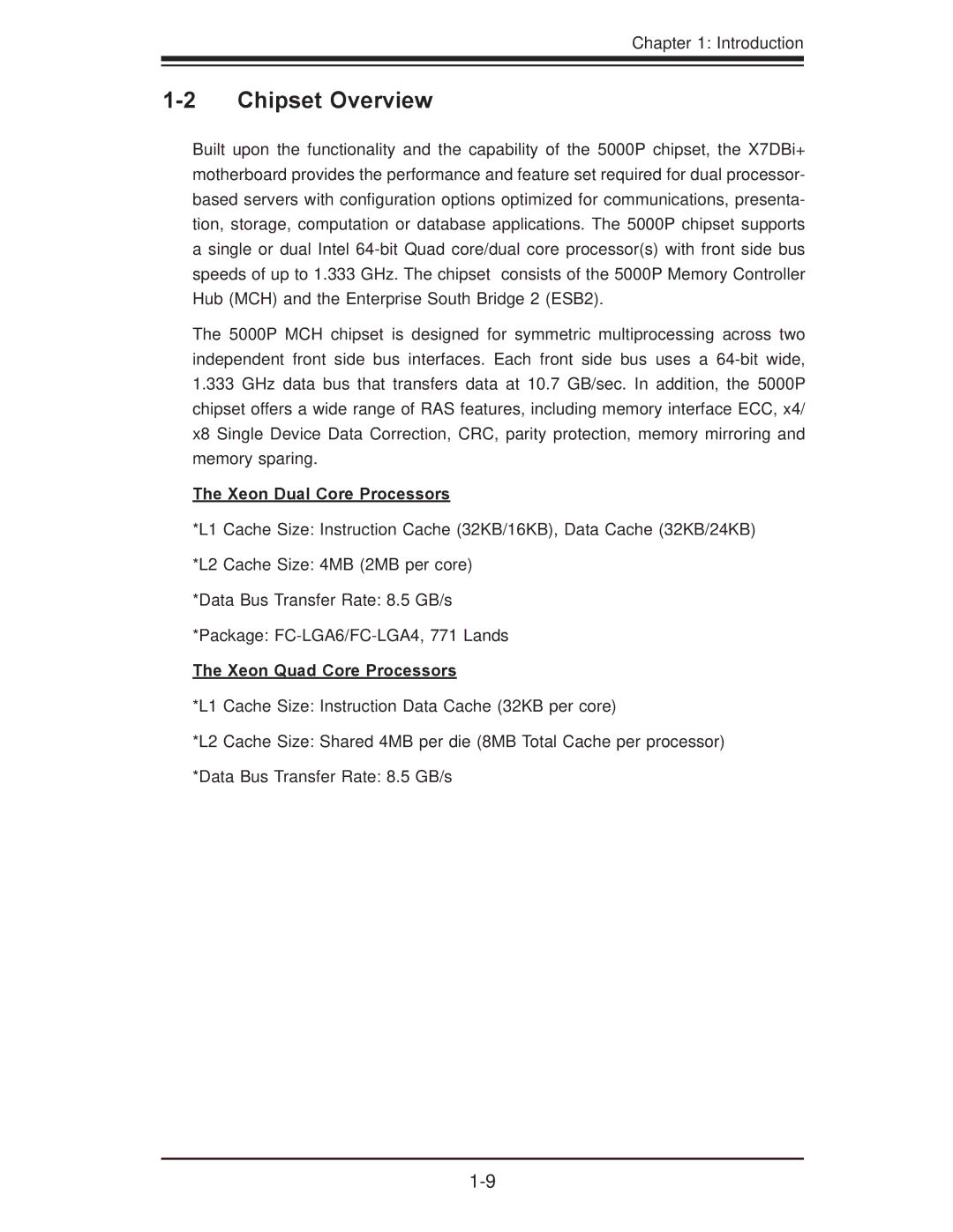 SUPER MICRO Computer X7DBi+ user manual Chipset Overview, Xeon Dual Core Processors, Xeon Quad Core Processors 