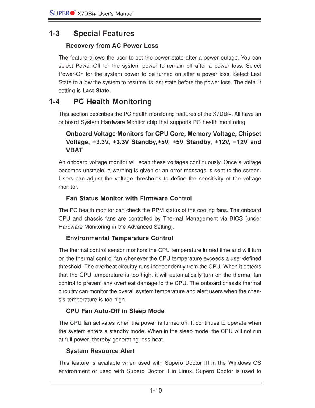 SUPER MICRO Computer X7DBi+ user manual Special Features, PC Health Monitoring 