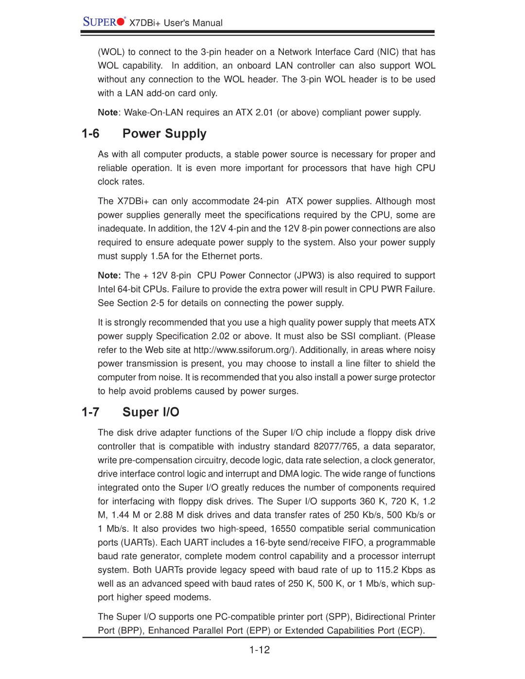 SUPER MICRO Computer X7DBi+ user manual Power Supply, Super I/O 