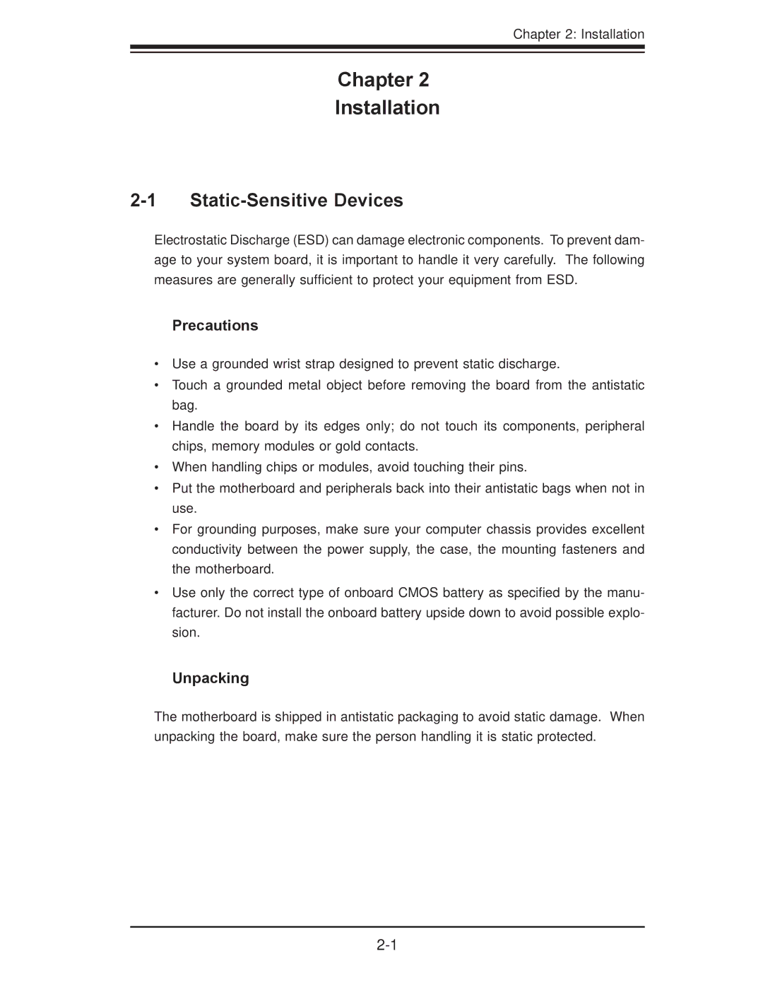 SUPER MICRO Computer X7DBi+ user manual Static-Sensitive Devices, Precautions, Unpacking, Installation 