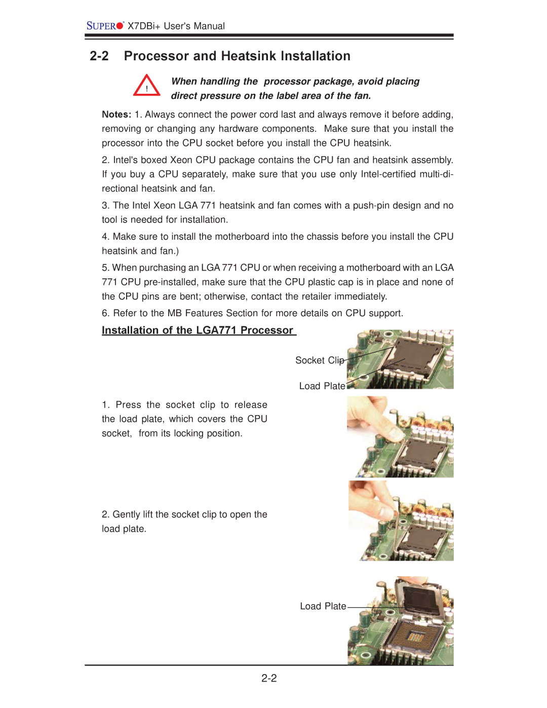 SUPER MICRO Computer X7DBi+ user manual Processor and Heatsink Installation, Installation of the LGA771 Processor 