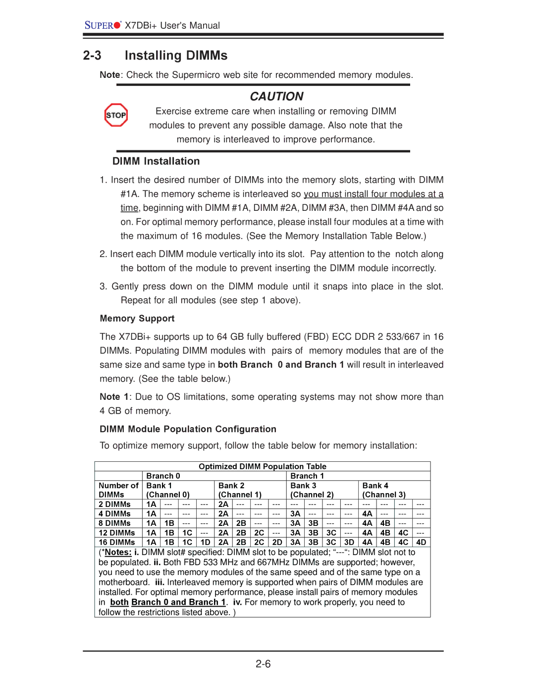 SUPER MICRO Computer X7DBi+ Installing DIMMs, Dimm Installation, Memory Support, Dimm Module Population Conﬁguration 