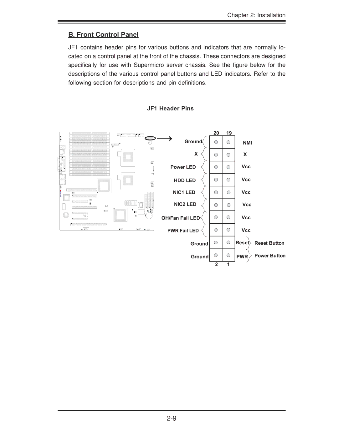 SUPER MICRO Computer X7DBi+ user manual Front Control Panel, JF1 Header Pins, Power Button 