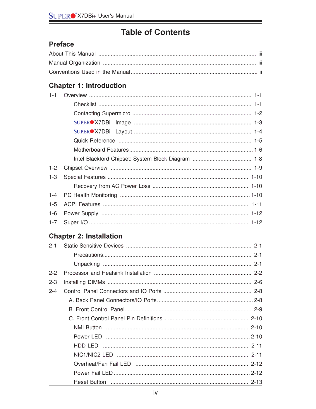 SUPER MICRO Computer X7DBi+ user manual Table of Contents 