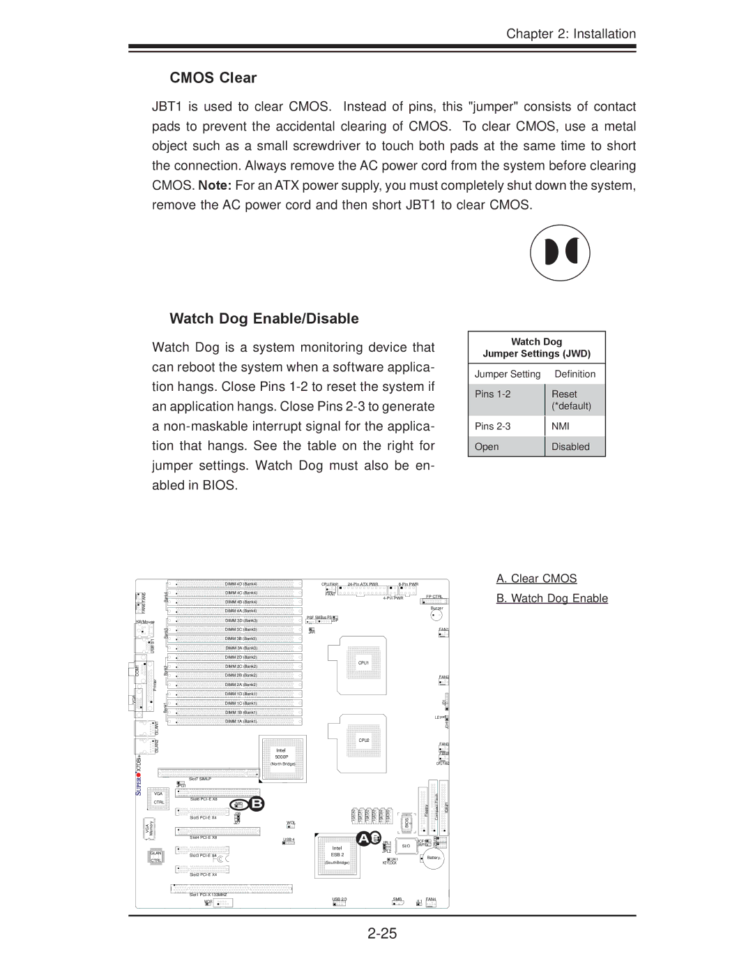 SUPER MICRO Computer X7DBi+ user manual Cmos Clear, Watch Dog Enable/Disable, Clear Cmos Watch Dog Enable 