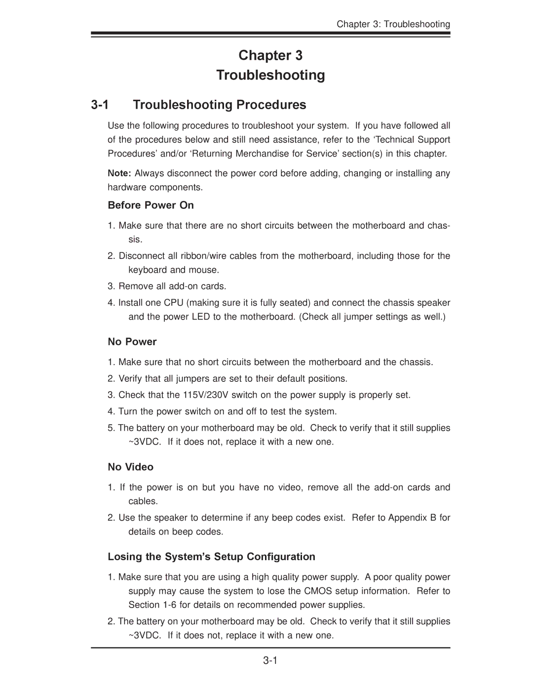 SUPER MICRO Computer X7DBi+ user manual Troubleshooting Procedures, Before Power On, No Power, No Video 