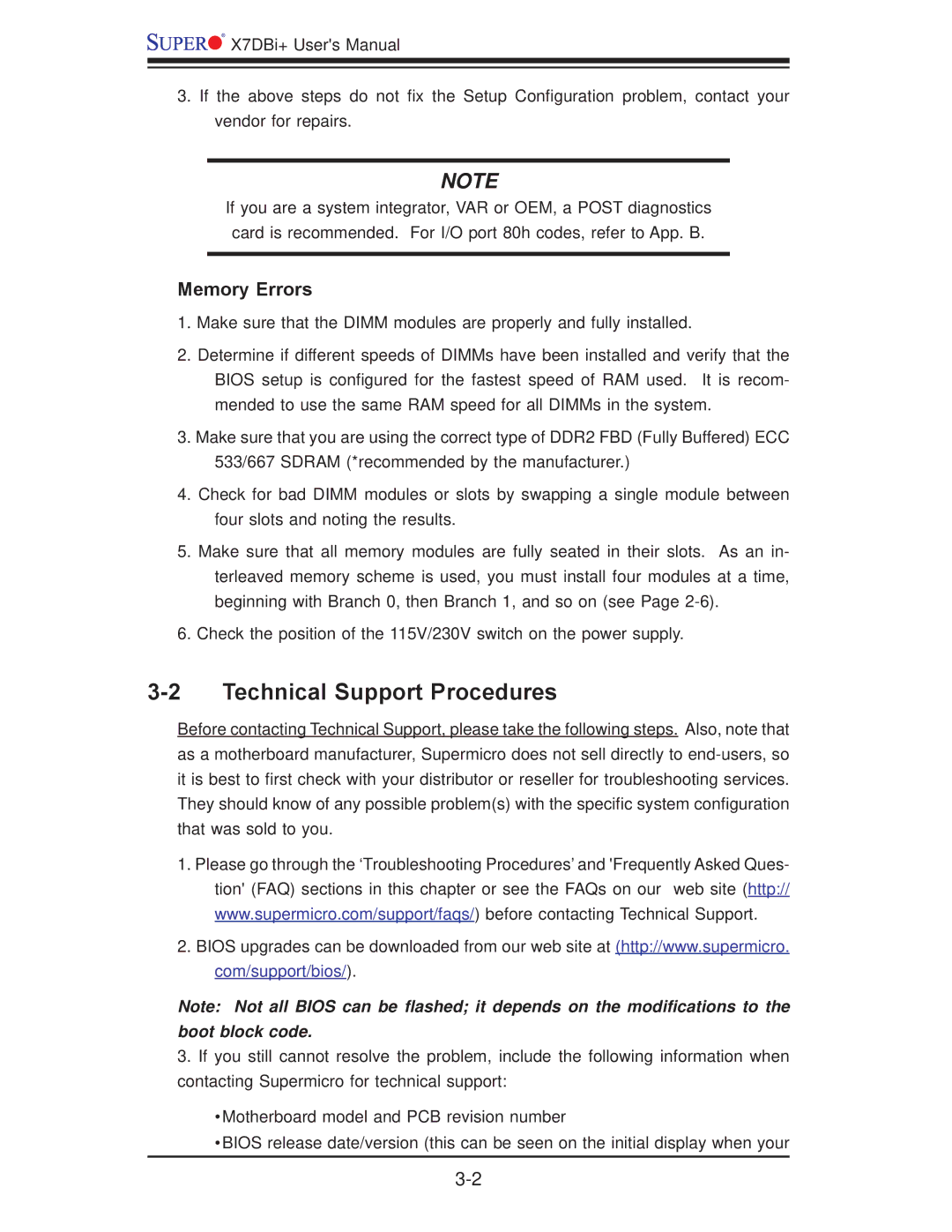 SUPER MICRO Computer X7DBi+ user manual Technical Support Procedures, Memory Errors 