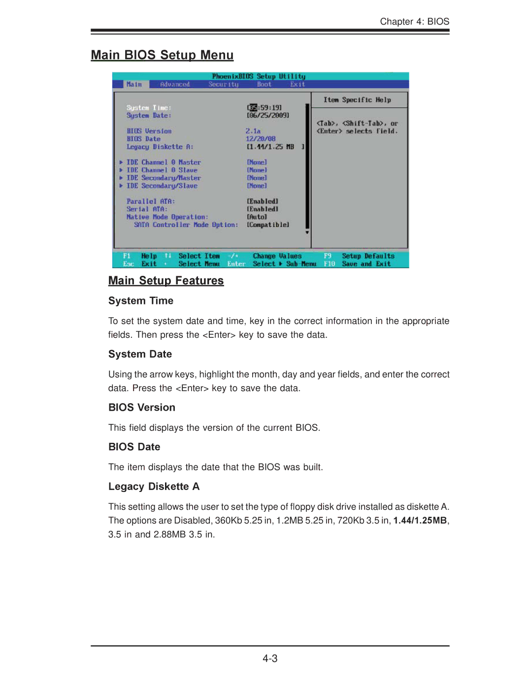 SUPER MICRO Computer X7DBi+ user manual Main Bios Setup Menu 