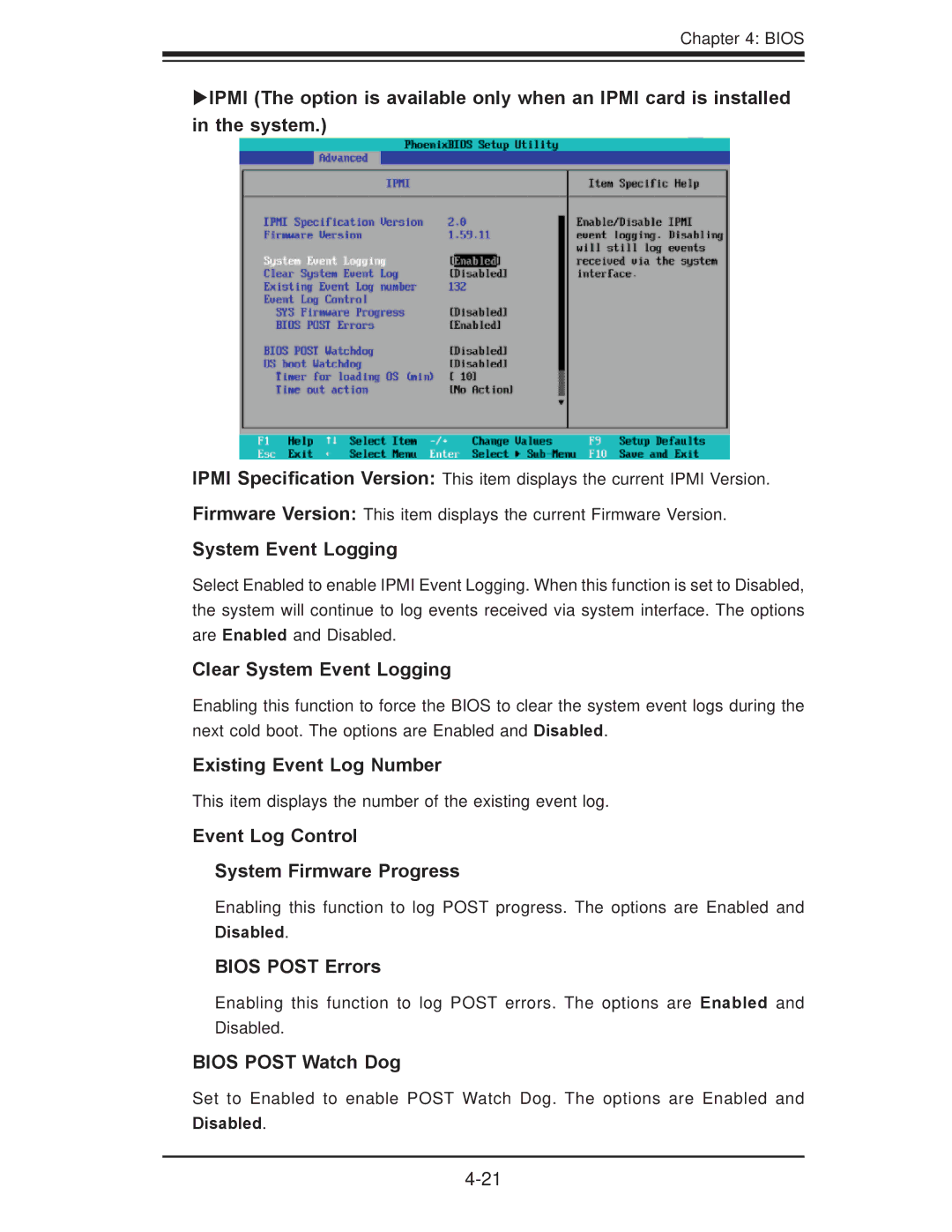 SUPER MICRO Computer X7DBi+ user manual Clear System Event Logging, Existing Event Log Number, Bios Post Errors 