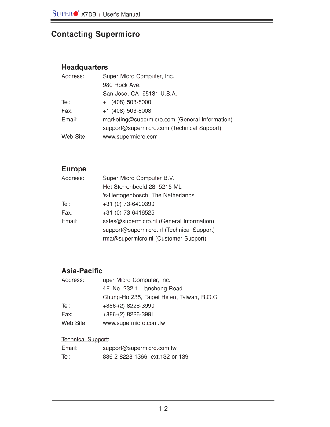 SUPER MICRO Computer X7DBi+ user manual Contacting Supermicro, Headquarters 