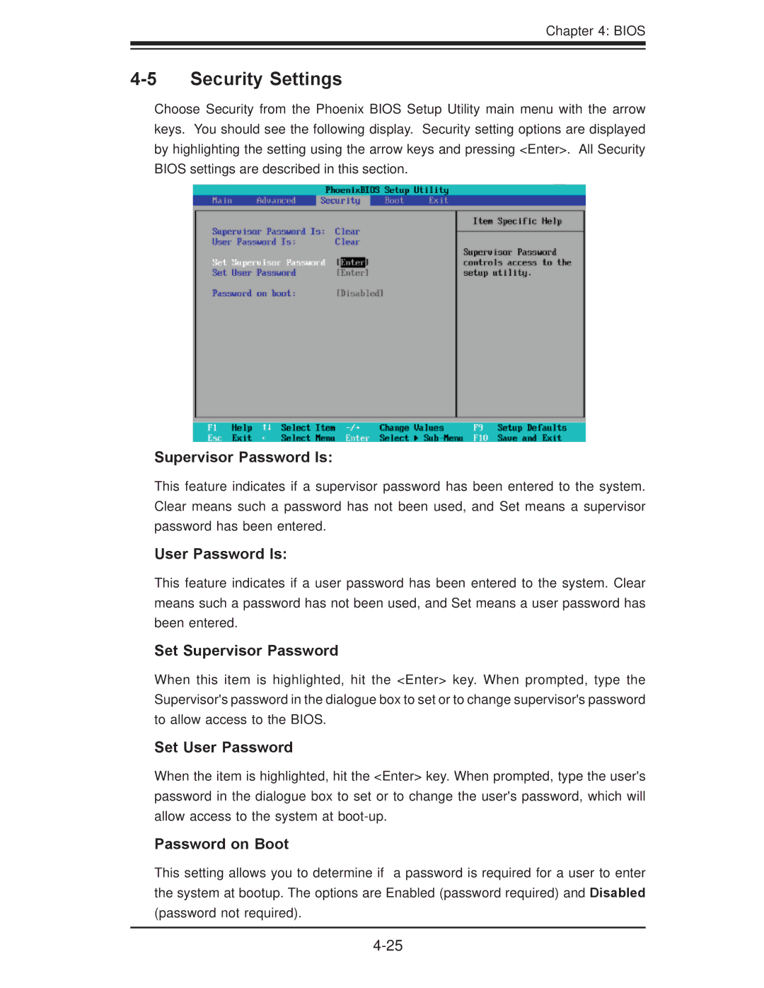 SUPER MICRO Computer X7DBi+ user manual Security Settings 