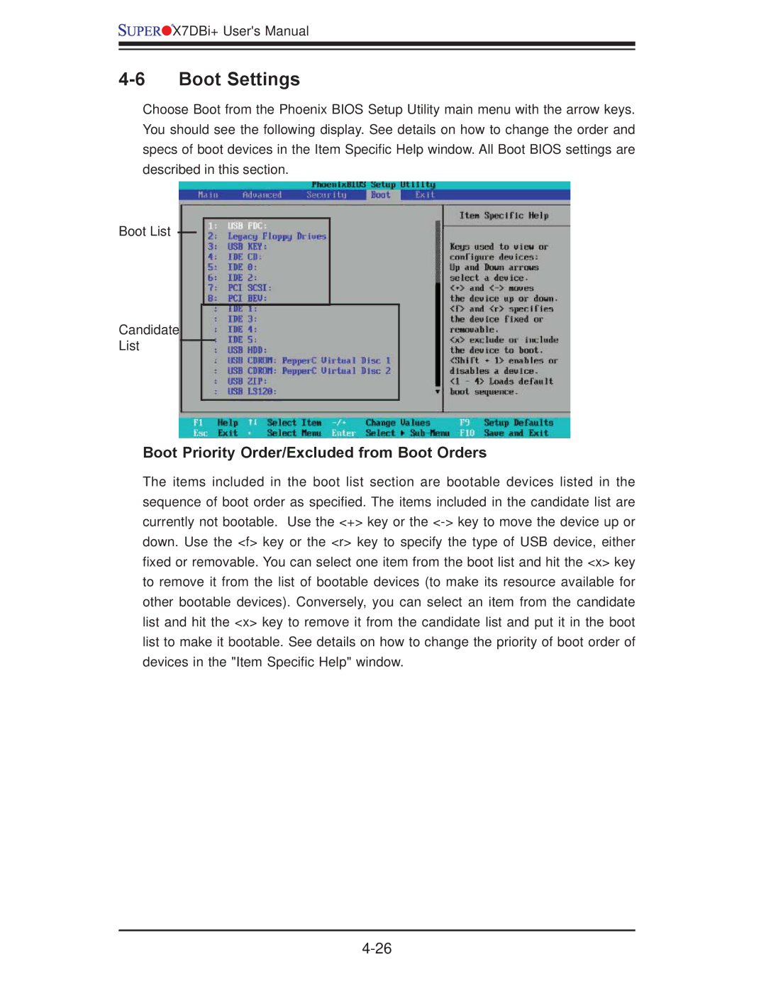 SUPER MICRO Computer X7DBi+ user manual Boot Settings, Boot Priority Order/Excluded from Boot Orders 