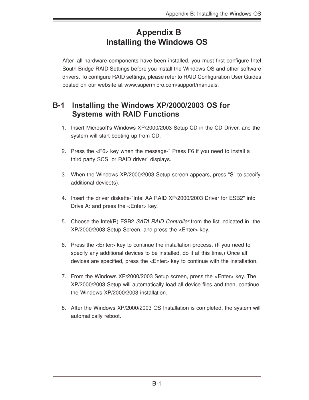 SUPER MICRO Computer X7DBi+ user manual Appendix B Installing the Windows OS 