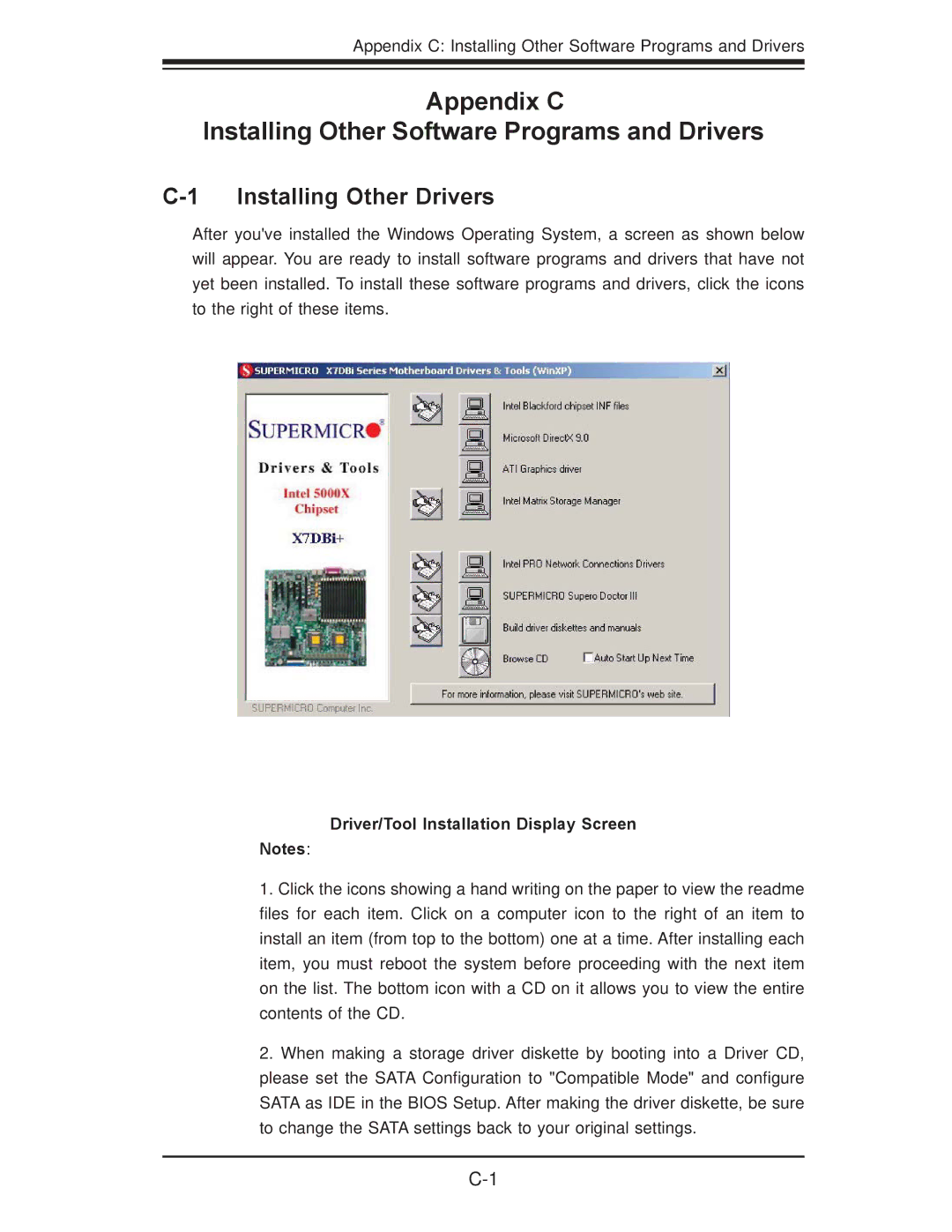 SUPER MICRO Computer X7DBi+ user manual Installing Other Drivers, Appendix C Installing Other Software Programs and Drivers 