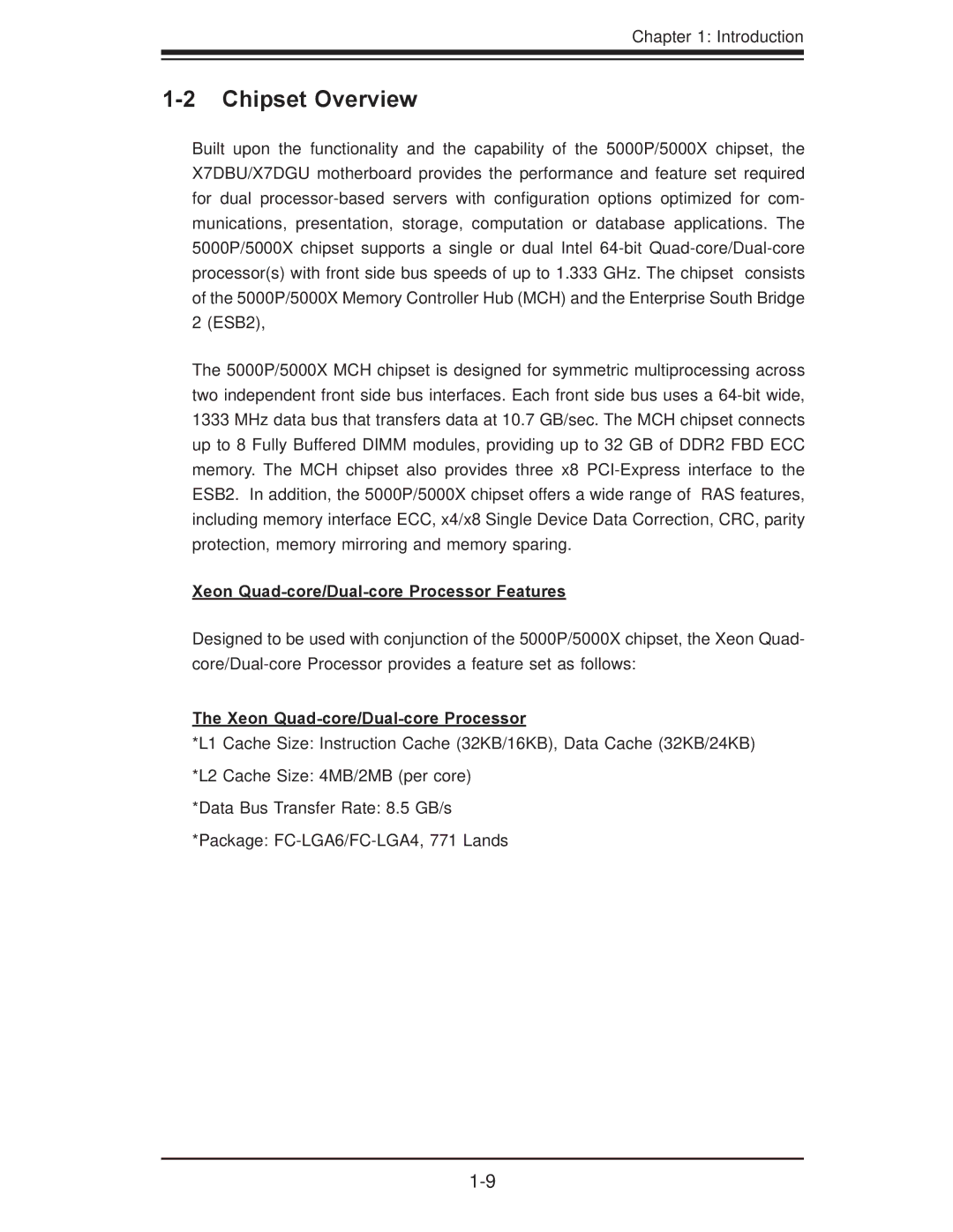 SUPER MICRO Computer X7DBU, X7DGU user manual Chipset Overview, Xeon Quad-core/Dual-core Processor Features 