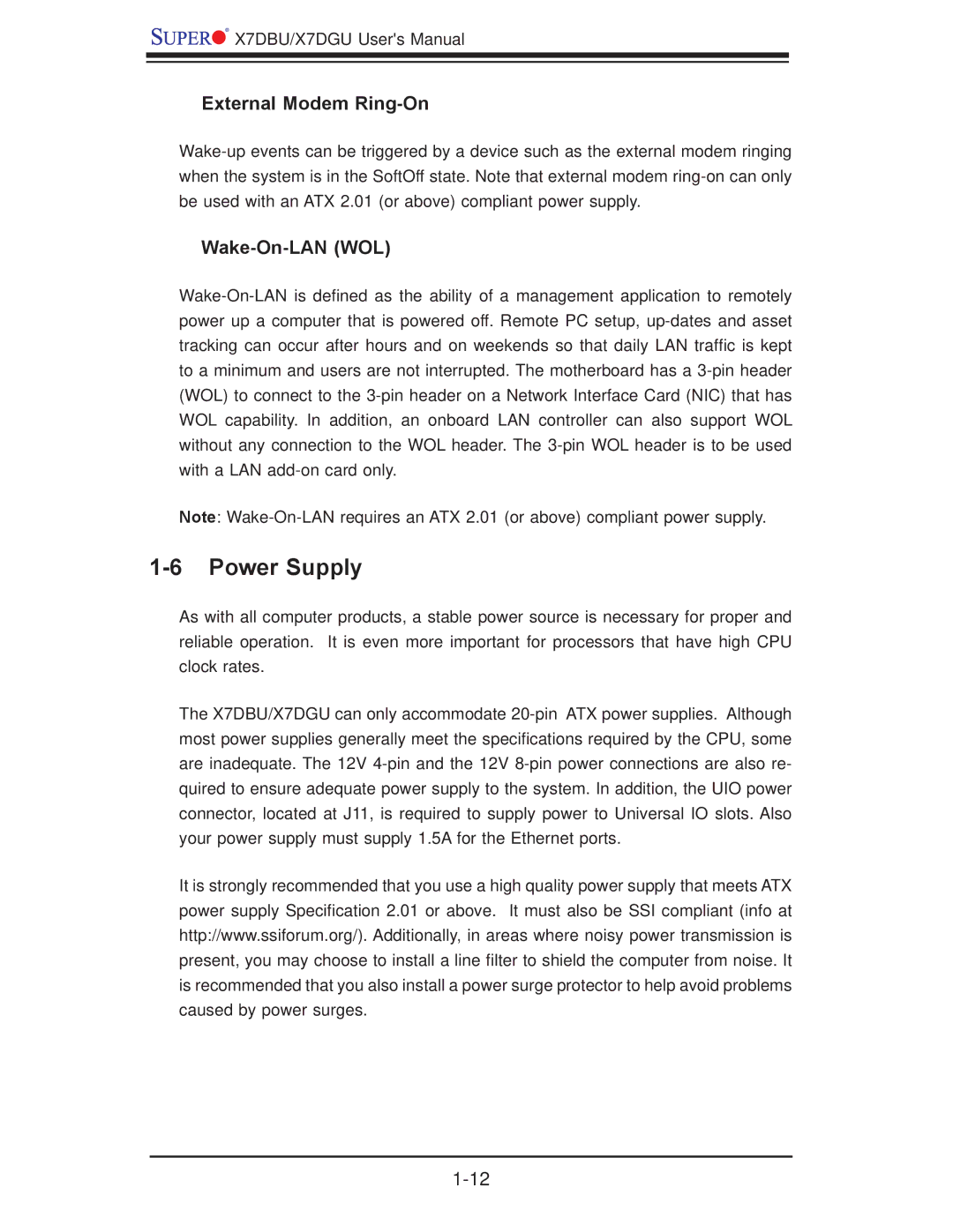 SUPER MICRO Computer X7DGU, X7DBU user manual Power Supply, External Modem Ring-On, Wake-On-LAN WOL 