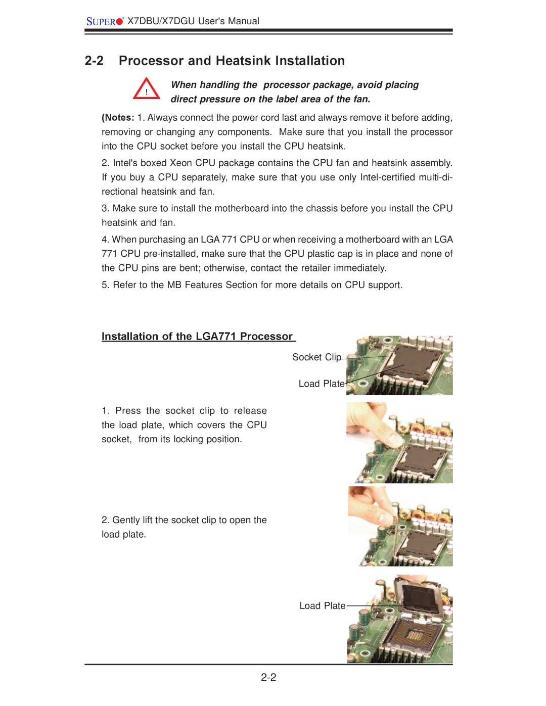 SUPER MICRO Computer X7DGU, X7DBU user manual Processor and Heatsink Installation, Installation of the LGA771 Processor 