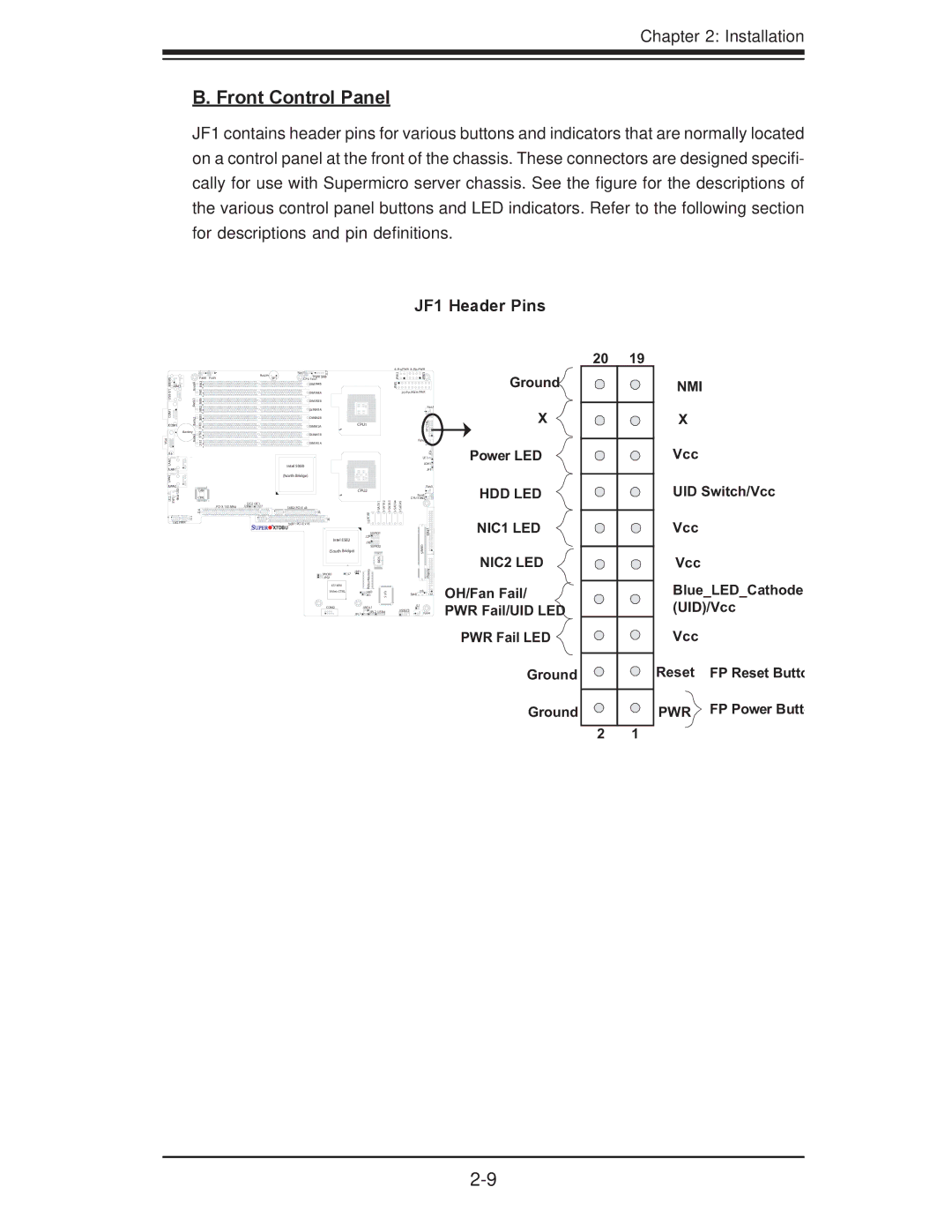 SUPER MICRO Computer X7DBU, X7DGU user manual Front Control Panel, JF1 Header Pins, FP Reset Butto 