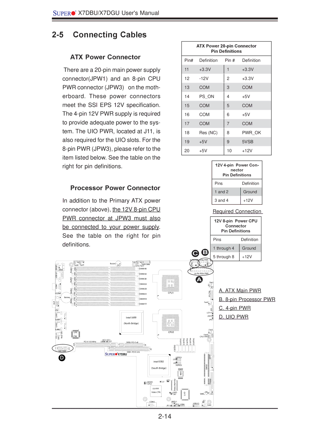 SUPER MICRO Computer X7DGU, X7DBU user manual Connecting Cables, ATX Power Connector, Processor Power Connector 