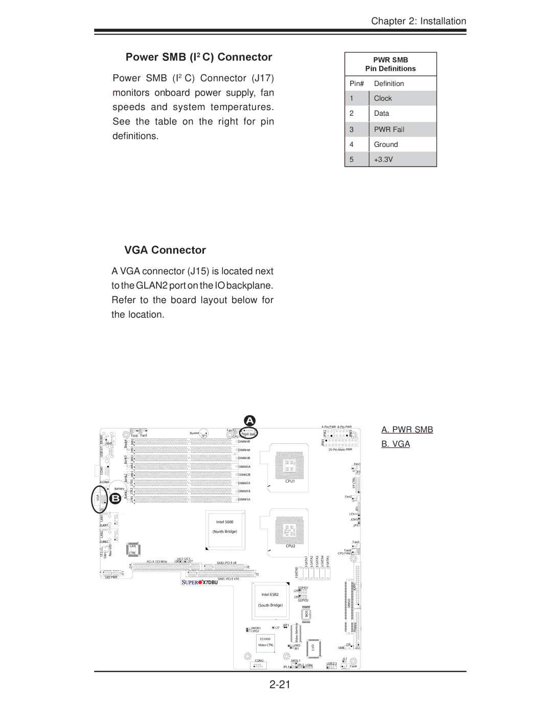 SUPER MICRO Computer X7DBU, X7DGU user manual Power SMB I2 C Connector, VGA Connector 