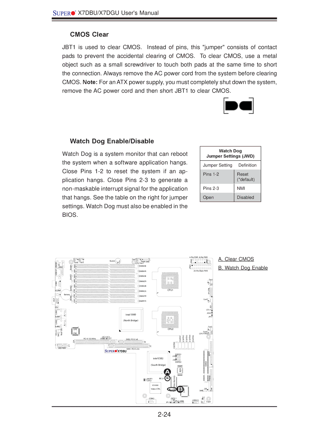 SUPER MICRO Computer X7DGU, X7DBU user manual Cmos Clear, Watch Dog Enable/Disable, Watch Dog Jumper Settings JWD 