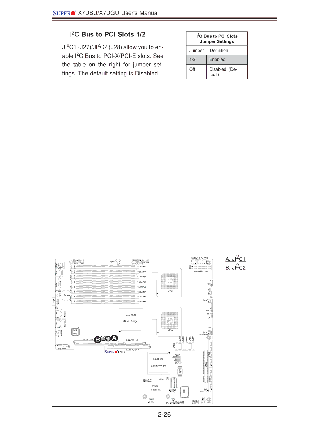 SUPER MICRO Computer X7DGU, X7DBU user manual I2C Bus to PCI Slots 1/2, I2C Bus to PCI Slots Jumper Settings 