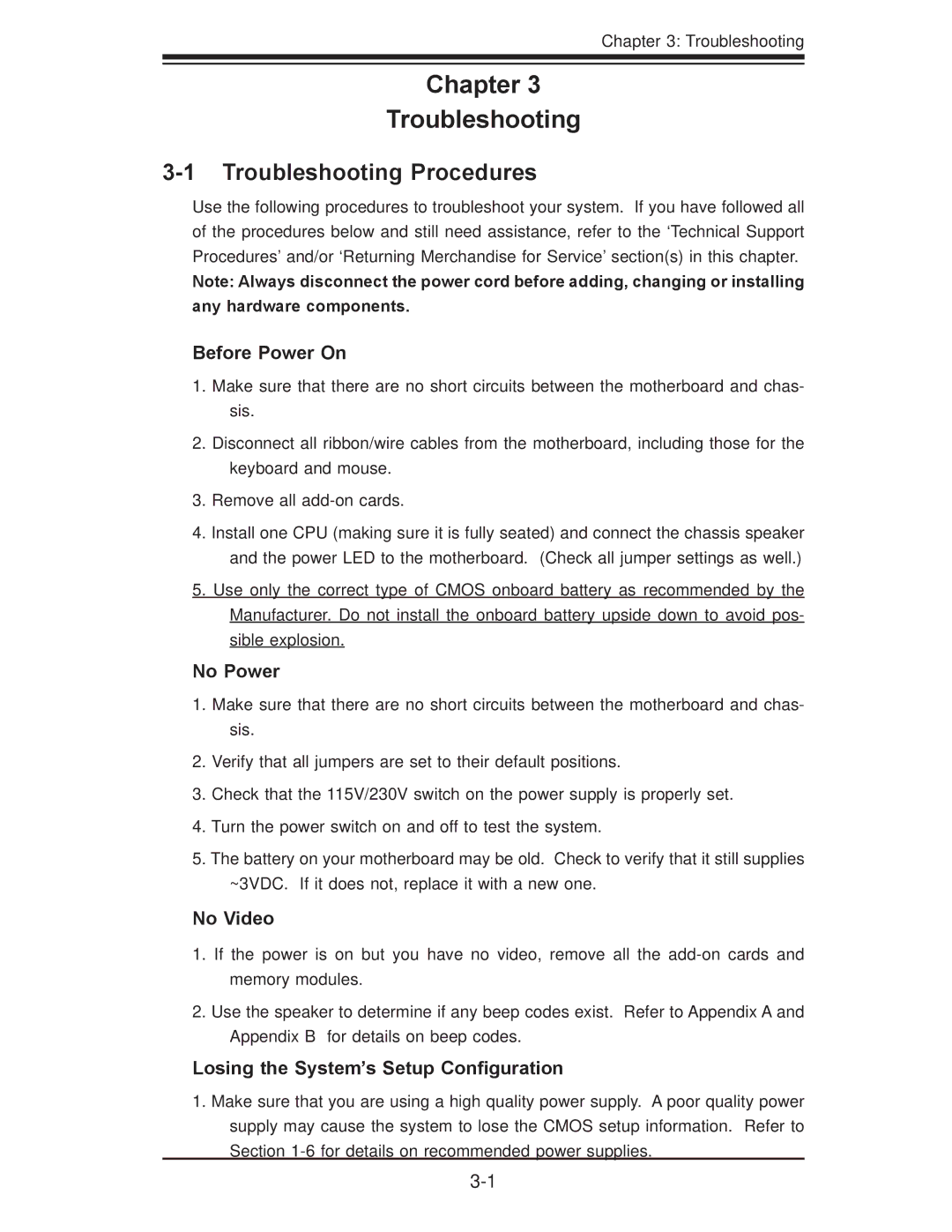 SUPER MICRO Computer X7DBU, X7DGU user manual Troubleshooting Procedures, Before Power On, No Power, No Video 