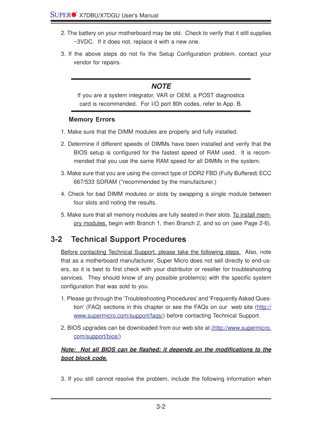 SUPER MICRO Computer X7DGU, X7DBU user manual Technical Support Procedures, Memory Errors 