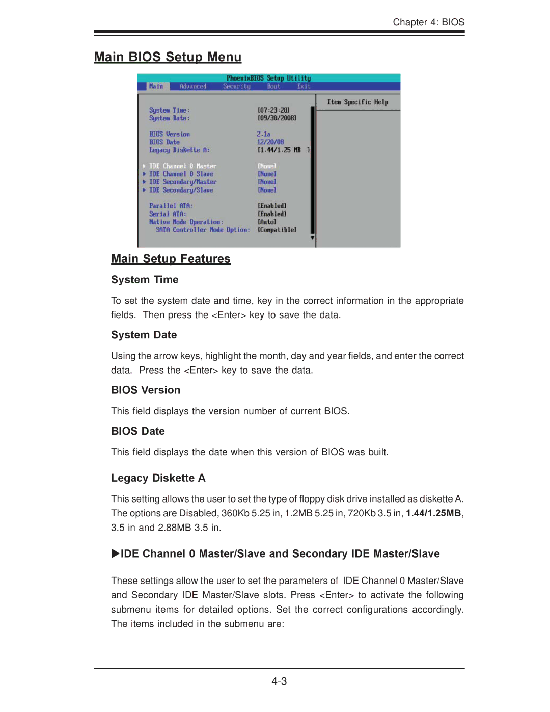 SUPER MICRO Computer X7DBU, X7DGU user manual Main Bios Setup Menu, Main Setup Features 