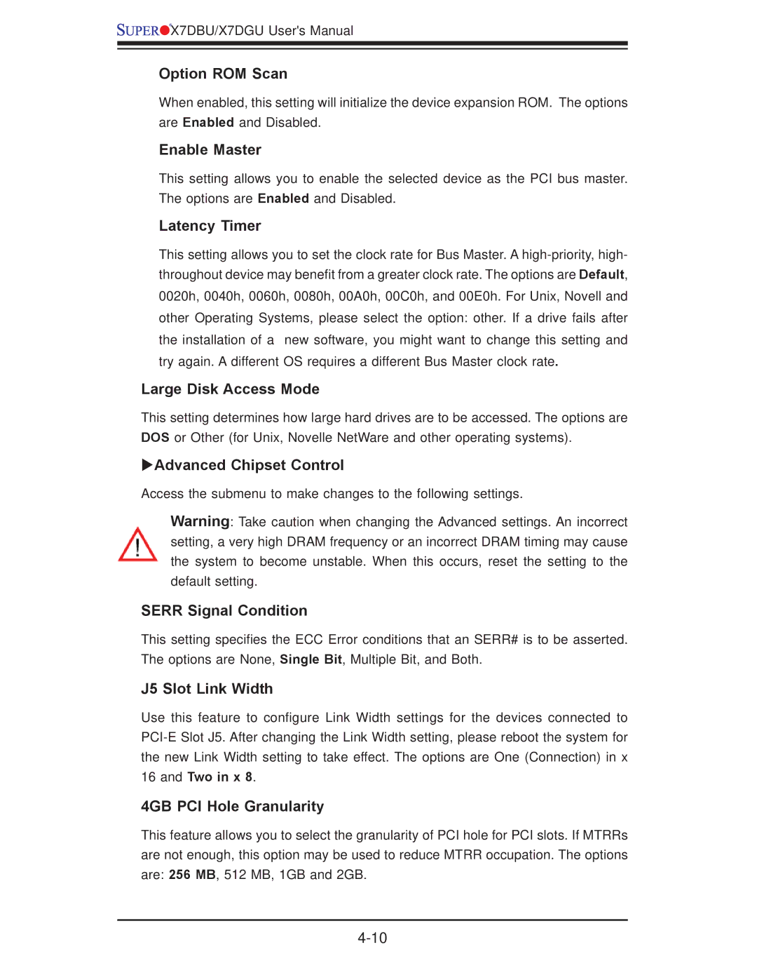 SUPER MICRO Computer X7DGU Option ROM Scan, Enable Master, Latency Timer, Large Disk Access Mode, Serr Signal Condition 