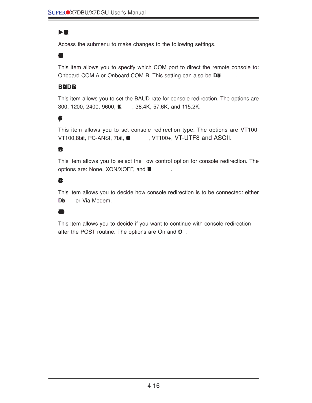 SUPER MICRO Computer X7DGU, X7DBU user manual Console Redirection, COM Port Address, Baud Rate, Console Type, Flow Control 