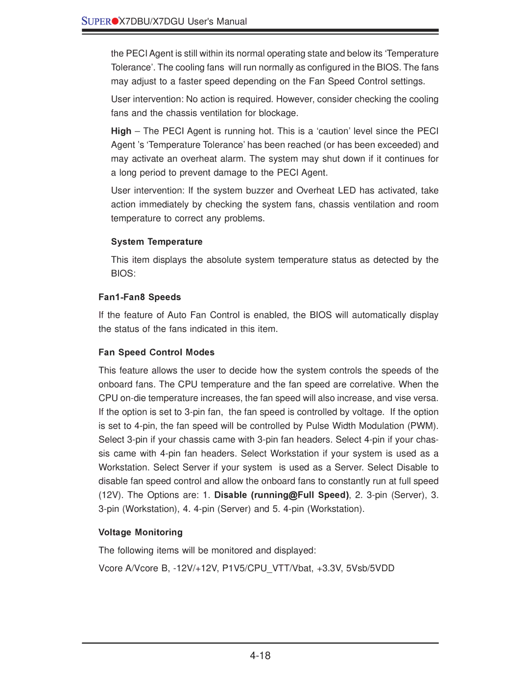 SUPER MICRO Computer X7DGU, X7DBU System Temperature, Fan1-Fan8 Speeds, Fan Speed Control Modes, Voltage Monitoring 