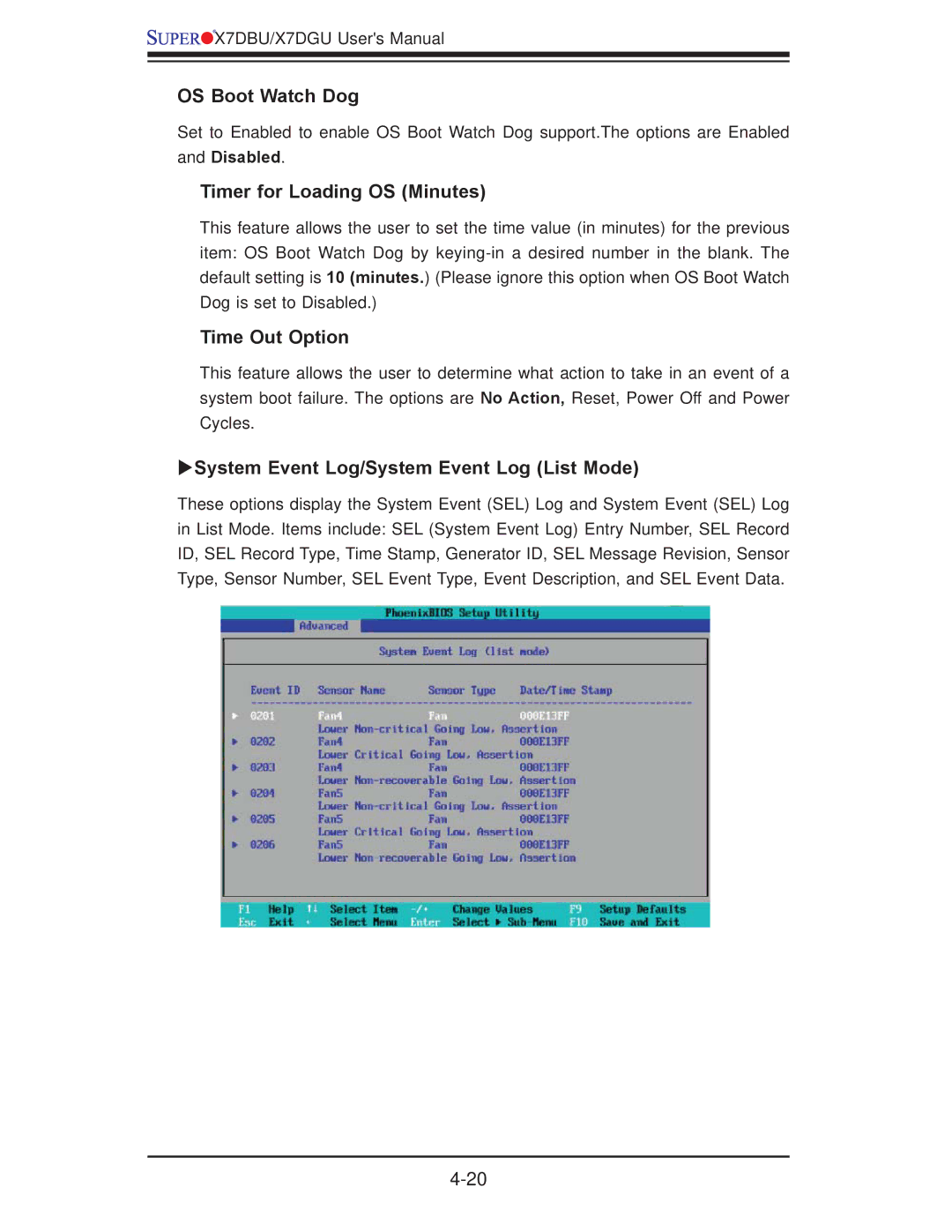 SUPER MICRO Computer X7DGU, X7DBU user manual OS Boot Watch Dog, Timer for Loading OS Minutes, Time Out Option 