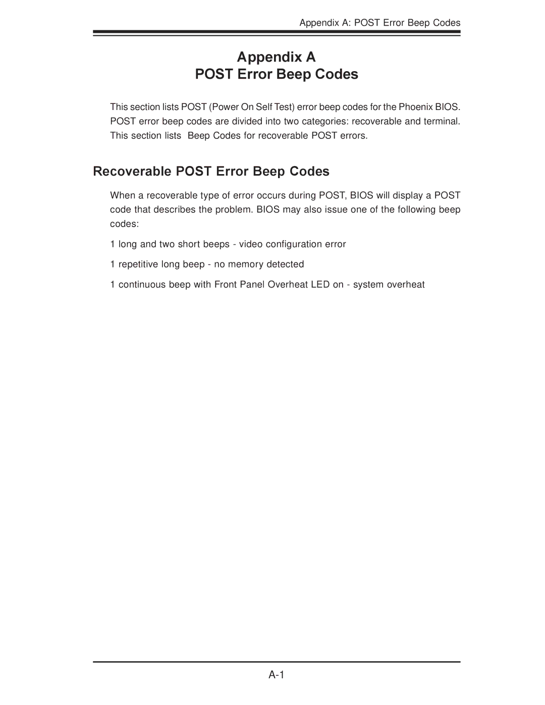 SUPER MICRO Computer X7DBU, X7DGU user manual Appendix a Post Error Beep Codes, Recoverable Post Error Beep Codes 