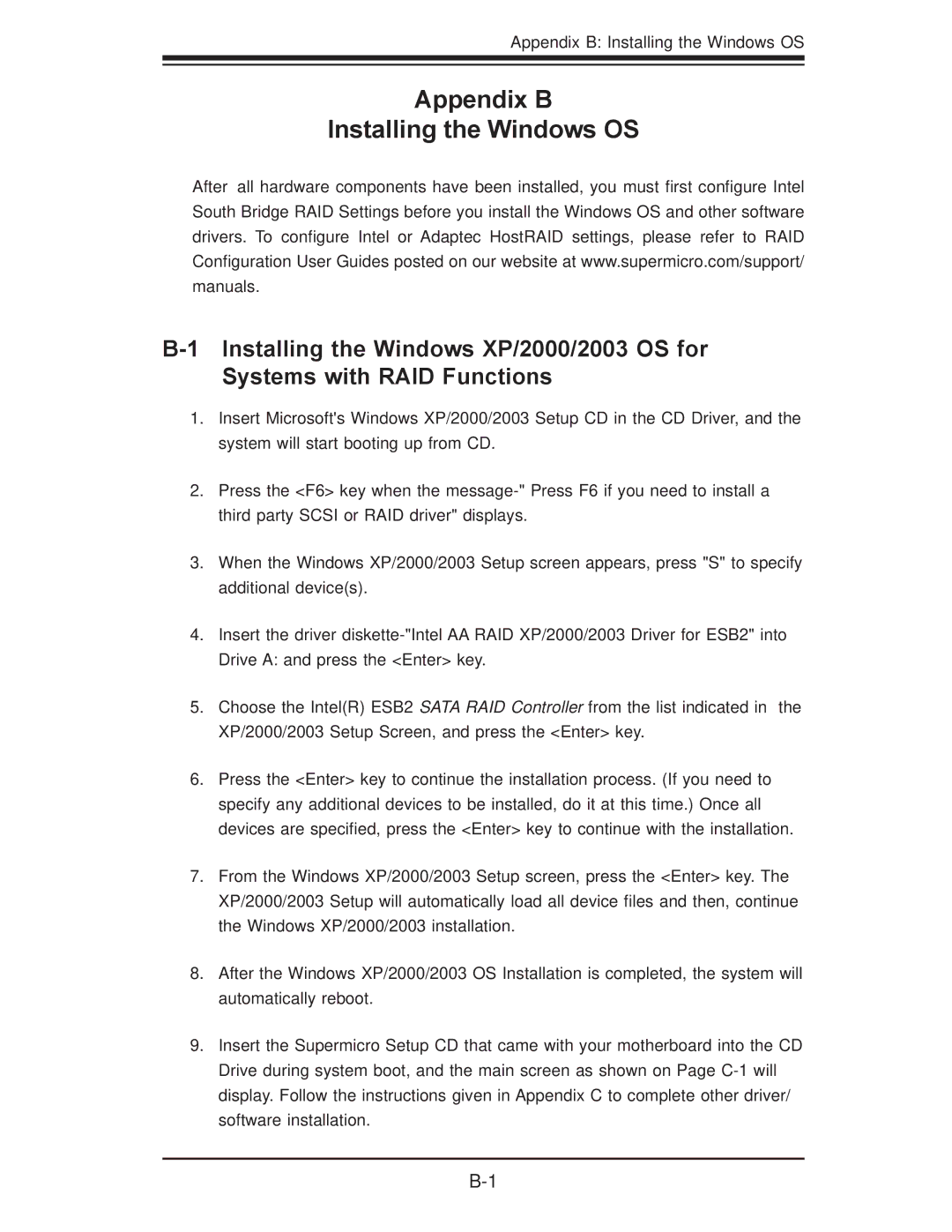 SUPER MICRO Computer X7DBU, X7DGU user manual Appendix B Installing the Windows OS 