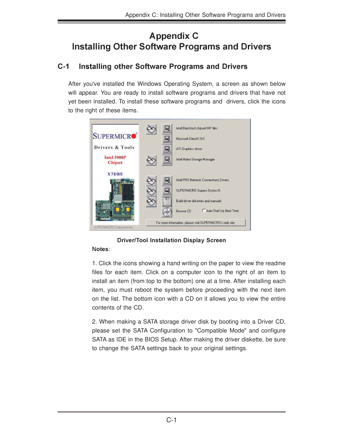 SUPER MICRO Computer X7DBU, X7DGU Installing other Software Programs and Drivers, Driver/Tool Installation Display Screen 