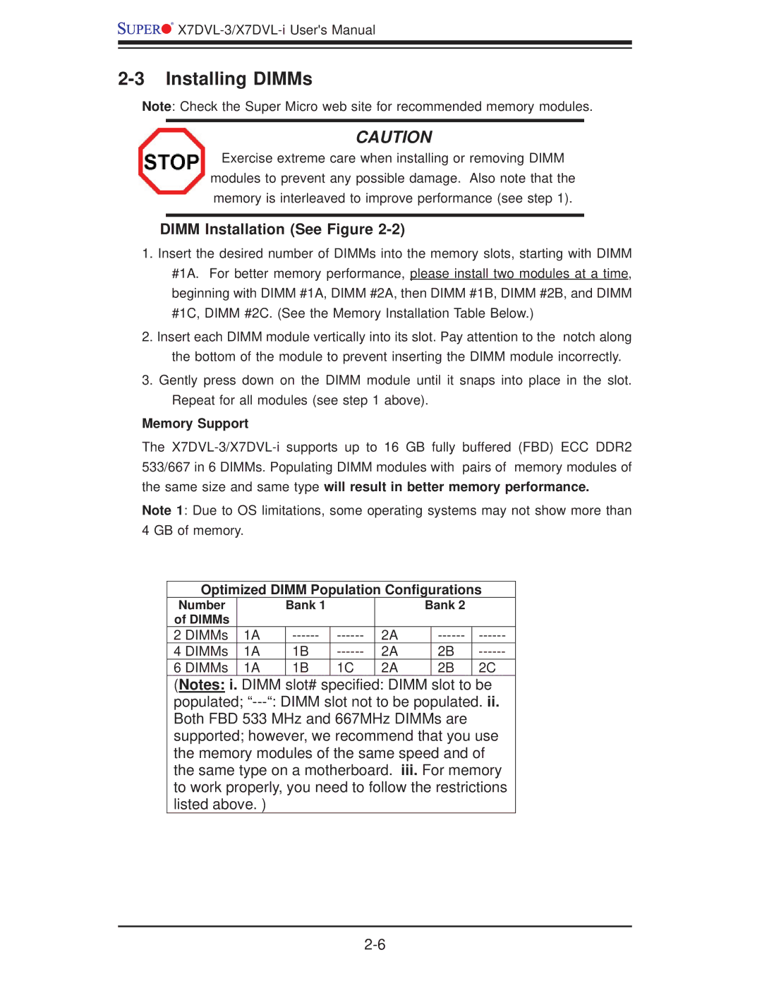 SUPER MICRO Computer X7DVL-3 user manual Installing DIMMs, Dimm Installation See Figure, Memory Support 