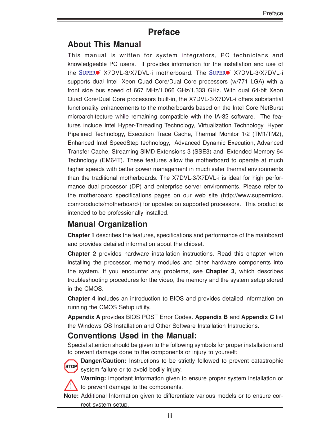 SUPER MICRO Computer X7DVL-3 user manual About This Manual, Manual Organization, Conventions Used in the Manual 