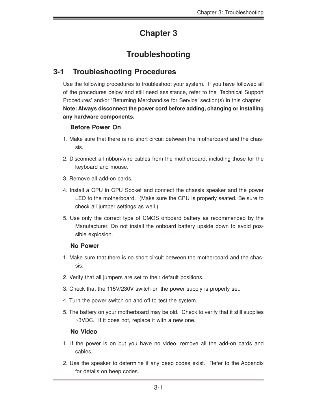 SUPER MICRO Computer X7DVL-3 user manual Troubleshooting Procedures, Before Power On, No Power, No Video 