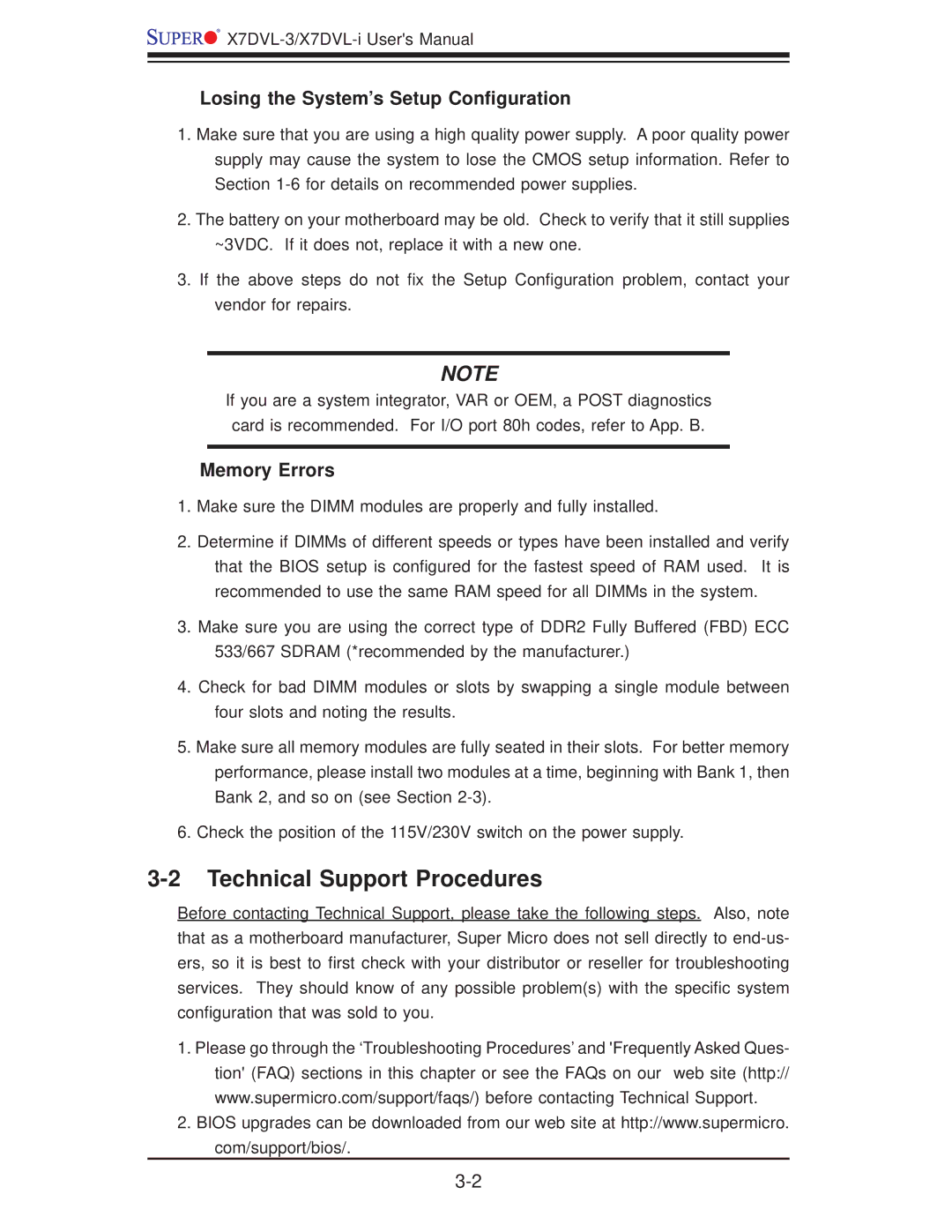 SUPER MICRO Computer X7DVL-3 Technical Support Procedures, Losing the System’s Setup Conﬁguration, Memory Errors 