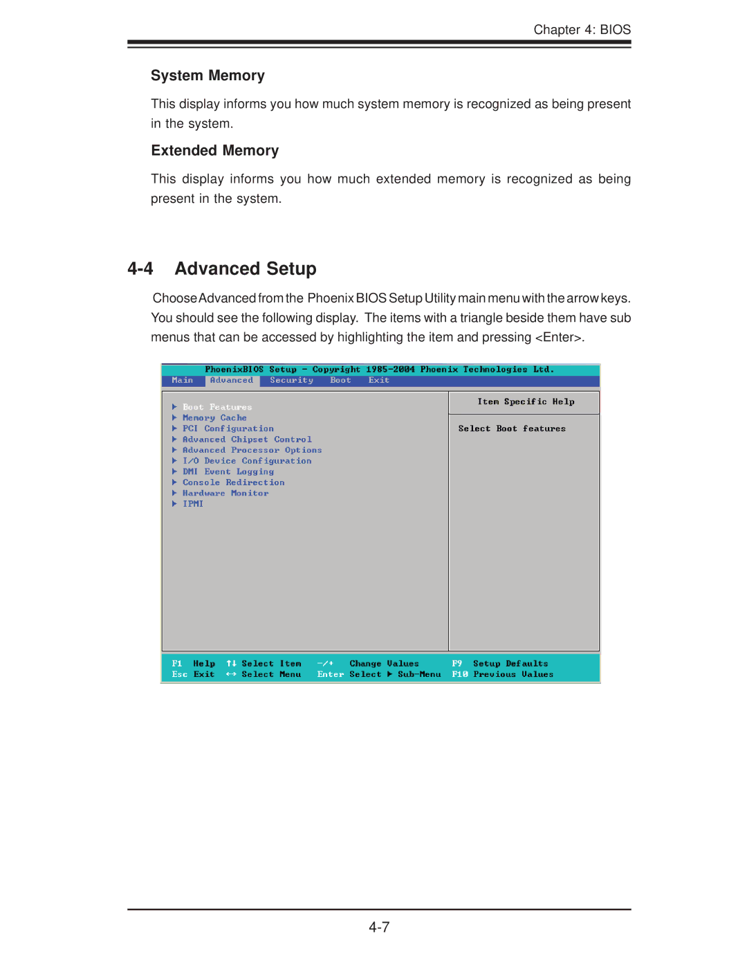 SUPER MICRO Computer X7DVL-3 user manual Advanced Setup, System Memory, Extended Memory 